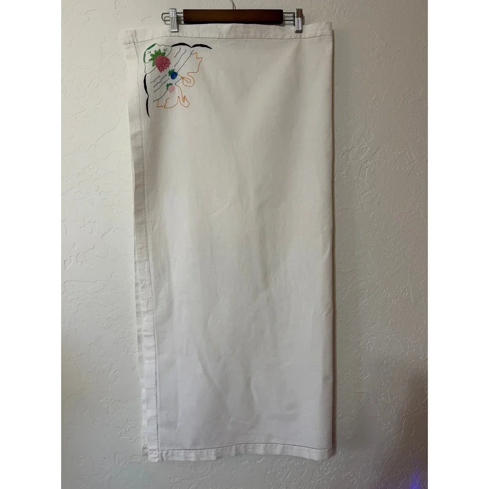 Vintage Hand Embroidered Swan Linen Tablecloth Topper 41x38.5 Cottagecore